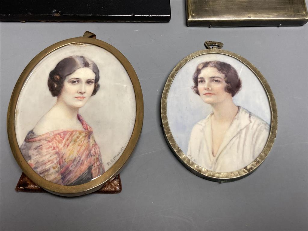 Marion Edith Hewkley (aka Sutherland Gill,19th/20th century), five miniature portraits, 11 x 8cm and smaller